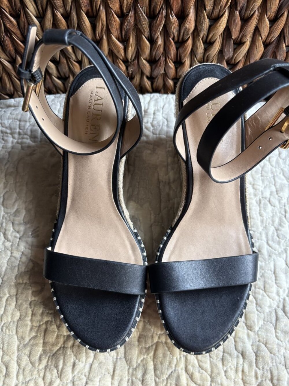Lauren Ralph Lauren Hilarie Wedge Sandals Open Toe Black - Picture 6 of 9